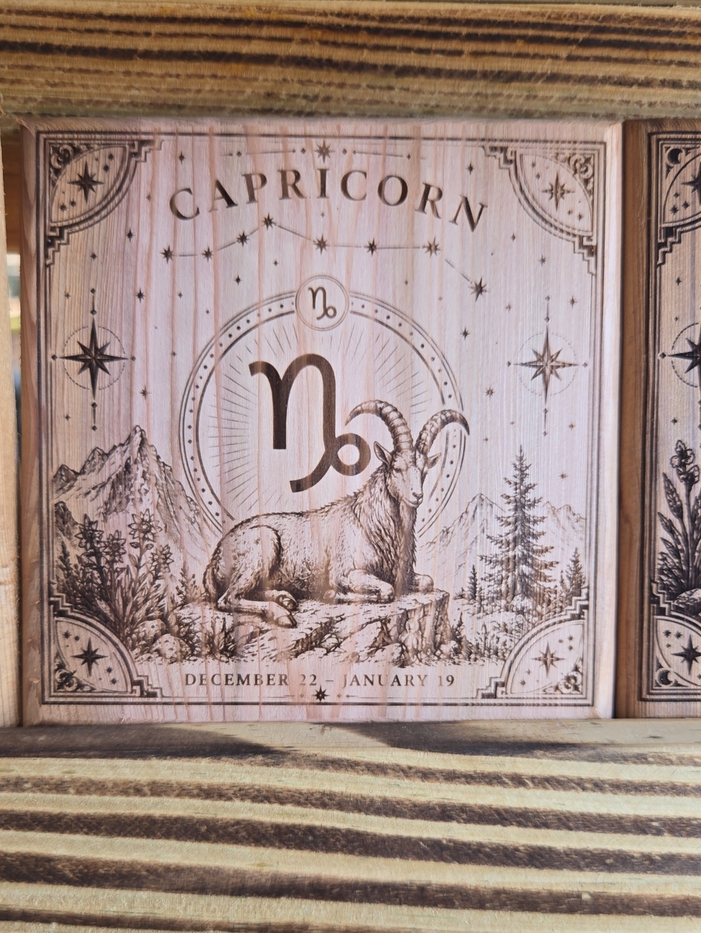 Capricorn Zodiac Wood Plaque Coaster - Brown
